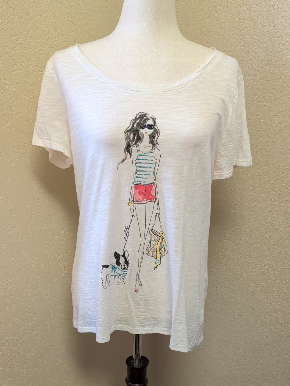 Elle French Bulldog White Short Sleeve Scoop Neck Glitter Tee Size Large